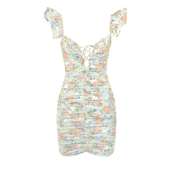 House of CB Kara Floral Ruched Cotton Ruffle Dress Size M - Picture 5 of 16